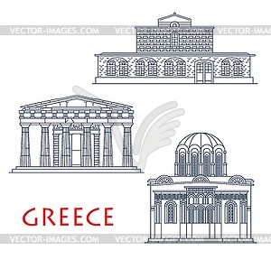Greece buildings, antique Greek architecture icons - vector clipart