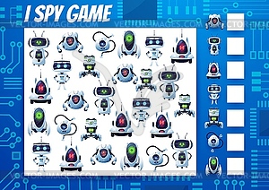 I spy kids game, cartoon robots and droids riddle - vector clip art