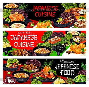 Japanese cuisne meals and dishes banners - vector clipart