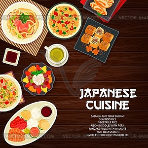 Блюда японской кухни и кухни, обложка меню блюд - векторизованное изображение