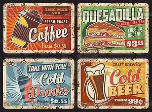 Fast food metal plates rusty, drinks, snacks menu - vector clipart