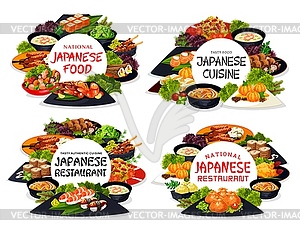 Japanese cuisine meals and dishes round banners - vector image