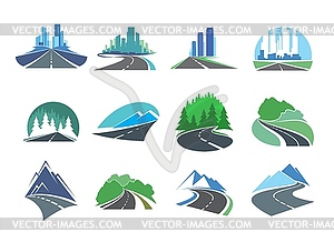 Highway icon with skyscrapers, trees and mountains - vector clip art