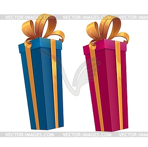 Tall holiday gift boxes, cartoon presents, ribbons - vector clipart