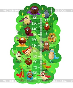 Kids height chart, nuts superheroes and defender - royalty-free vector clipart