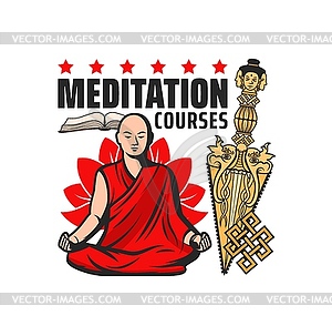 Buddhism meditation courses icon, religion symbols - vector clipart