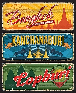 Thailand Bangkok, Lopburi, Kanchanaburi tin signs - vector image