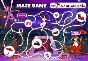 Circus maze game, labyrinth kids boardgame - vector clipart