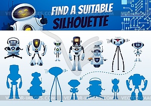 Find robot silhouette maze game, shadow match - vector clipart