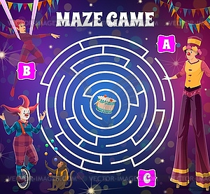 Round circus labyrinth maze game with clowns - vector clipart