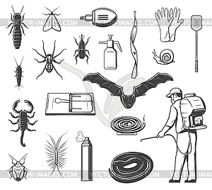 Pests control equipment, insects and animals icons - vector clip art