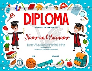 Education diploma with cartoon boy and girl pupils - royalty-free vector clipart