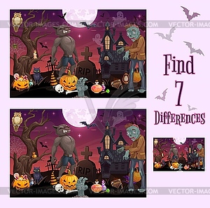 Kids game of find differences, Halloween monsters - vector image