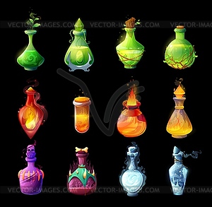 Cartoon magic potions bottles, game design icons - vector clipart