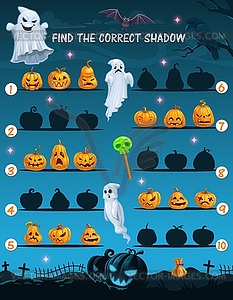 Рабочий лист игры `` Найди правильные тени для детей на хэллоуин '' - изображение векторного клипарта