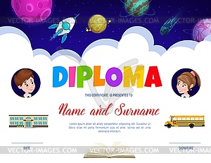 Education diploma with cartoon galaxy space, pupil - vector clipart