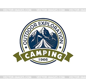 Mountain camping icon, tourist tent and camp flag - royalty-free vector image