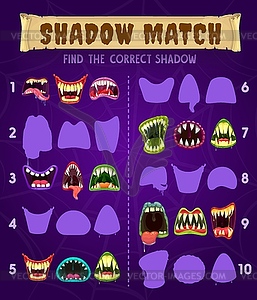 Shadow match game, find correct puzzle, kid riddle - vector clipart