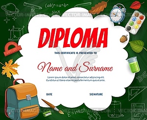 Education diploma with schoolbag, sketch formulas - vector clipart