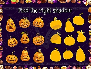 Halloween kids game, find right pumpkin shadow - vector clip art