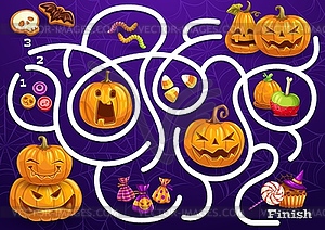 Kids maze game with Halloween sweets and pumpkins - vector clip art