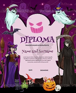 Certificate, Halloween cartoon diploma template - vector clipart