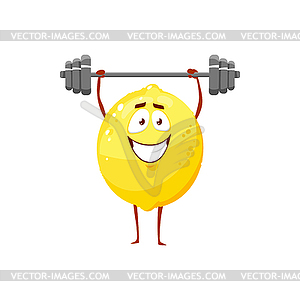 Cartoon lemon workout with barbell, fruit sport - vector clip art