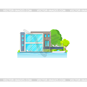 Modern beach house with lounge zone, boat - vector clip art