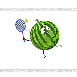 Cartoon watermelon fruit play tennis icon - vector clipart