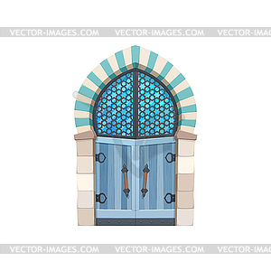 Средневековая дверь со стеклянным окном и двумя ручками - иллюстрация в векторном формате