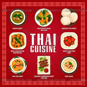 Thai cuisine, Asian food Tom Yum soup and curry - vector image