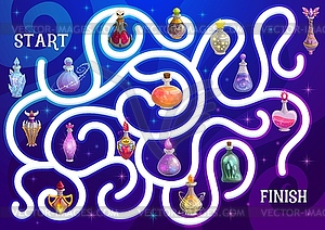 Halloween maze or labyrinth game with magic potion - vector clipart