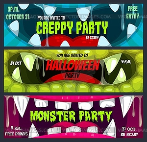 Halloween horror night party banners with monsters - vector clip art