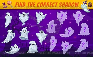 Halloween kids maze, find correct ghost shadow - vector clipart