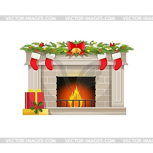 Christmas fireplace and socks for gifts on chimney - vector clipart