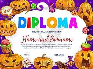 Kids diploma cartoon funny Halloween pumpkins - vector image