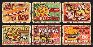 Street fast food restaurant meals rusty plates - vector image