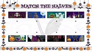 Find two halves, Halloween kids maze game - color vector clipart