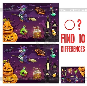 Find differences kids halloween game or riddle - vector image