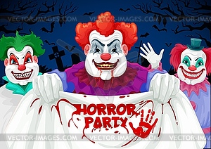 Вечеринка ужасов на Хэллоуин со страшными клоунами, шутниками - векторный рисунок