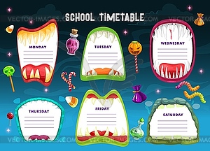 School schedule with Halloween monster mouths - vector image
