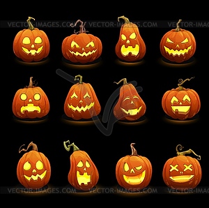 Halloween pumpkins faces glowing in darkness - vector clip art
