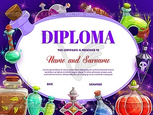 Child diploma with witch magic potions bottles - vector image