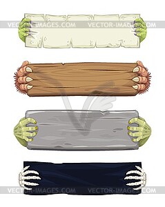 Halloween cartoon banners with monsters hands - vector image