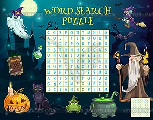 Word search puzzle worksheet, Halloween characters - stock vector clipart