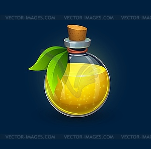 Witchcraft glass bottle with green leaves, potion - vector image