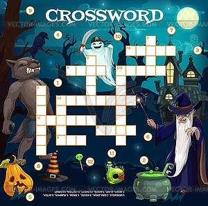 Cartoon Halloween characters crossword grid quiz - vector clipart