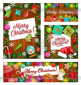 Christmas tree and gifts, winter holiday frames - vector image