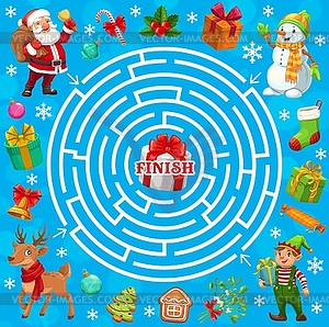 Christmas holiday labyrinth maze game, Santa, elf - vector clipart