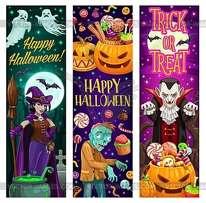 Happy Halloween banners with monsters and sweets - vector image
